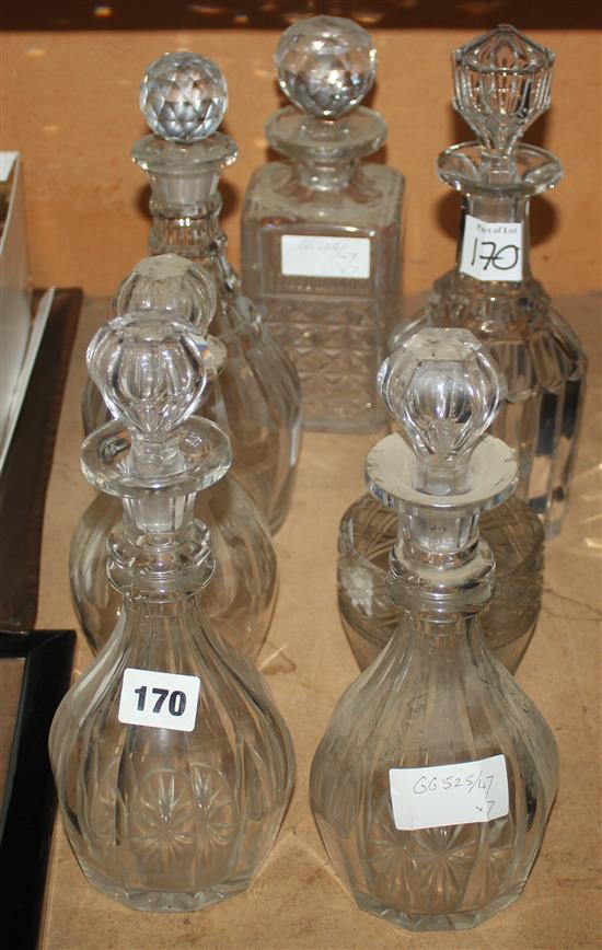 6 various 19th century glass decanters & a cut glass finger bowl